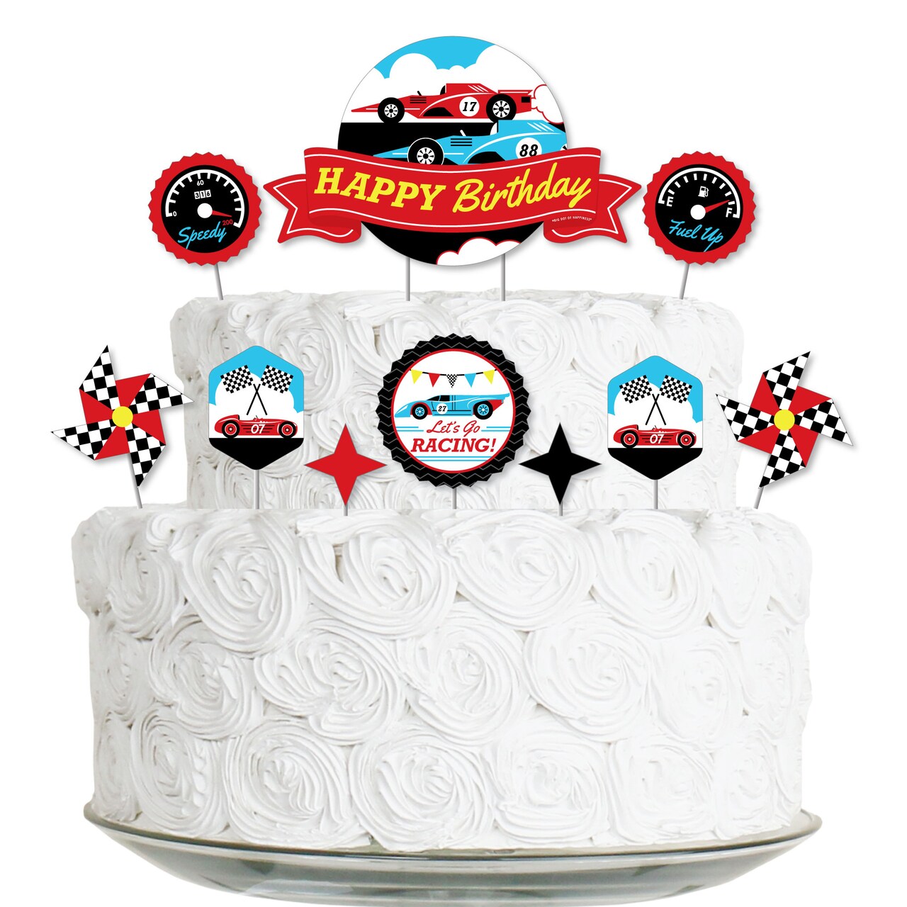 Big Dot of Happiness Let's Go Racing - Racecar - Race Car Birthday Party Cake Decorating Kit - Happy Birthday Cake Topper Set - 11 Pieces